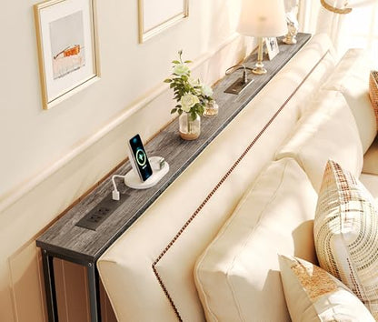 SUPERJARE 78.8 Inch Narrow Console Table with Outlet, Sofa Tables, Behind Couch Table, Long Entryway Tables with Charging Station, for Living Room, Charcoal Gray - color: Charcoal Gray, size: 5.7''D x 78.7''W x 29.7''H