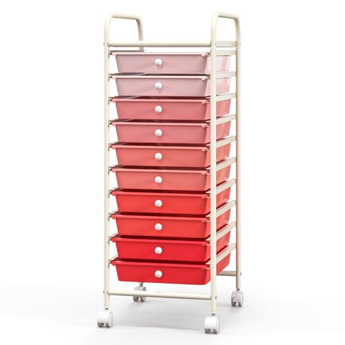 Giantex 10-Drawer Storage Cart w/Universal Wheel, Rolling Cart w/Handle, Home Organizer Storage Unit w/Removable Drawers, Trolley Utility Cart for Kitchen Makeup Living Room Office Play Room - color: Red, size: 10 Drawer-13"x15"x34"