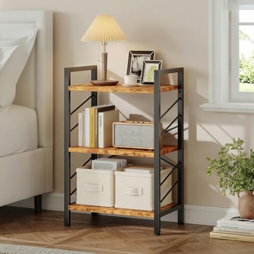 DurayLoly 3 Tier Small Bookshelf for Narrow Space, Rustic Brown | Storage Shelves, Sidebars and Metal Frame - color: Rustic Brown, size: 3 Tier - 1 pc