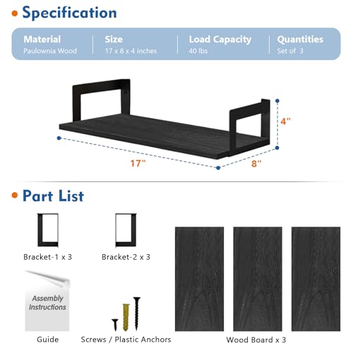 Harwaya Wall Mounted Bookshelf, Floating Bookshelves for Bedroom, 17 Inches Long Wall Mount Book Shelves for Living Room Office Books, Black Wall Book Holder Bookcase (Set of 3) - color: Black