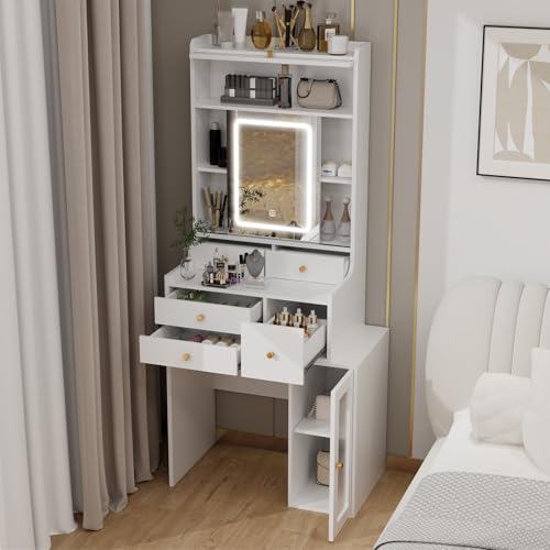 ARTETHYS White Mini Vanity Desk with Sliding Mirror Lights and 5 Drawers | Makeup Vanities Set for Small Space,Compact Dressing Table with Storage Cabinet & Adjustable Shelves for Bedroom - color: White 3