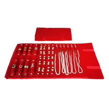 Velvet Travel Jewelry Case Roll Bag Organizer for Necklace Bracelet Earrings Ring (Black) (Red) - color: Red