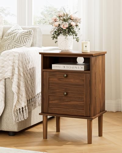 Nightstand, Boho Night Stand with 1 Drawer, Modern Side Accent Table with Open Shelf, Wooden Top Bedside End Table for Bedroom, Living Room, Walnut - color: Walnut