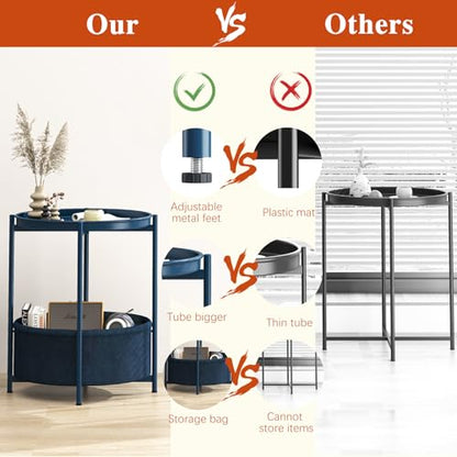 Garden 4 you Side Table with Fabric Storage Basket, Round Metal End Table, Small Bedside Table Nightstand with Removable Tray, for Nursery, Living Room, Bedroom, Bathroom, Blue - color: Blue