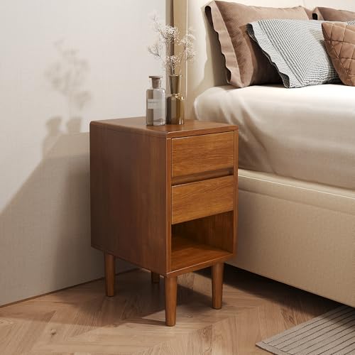 Narrow Nightstand 2 Drawers with Open Shelf Narrow Night Stand Solid Wood Bedside Table Mid Century Modern Nightstand Wooden End Table for Bedroom, Study, Office - color: Walnut-2d, size: 15.75''×11.8''×23.62''