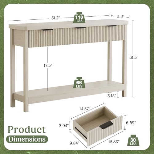 Fluted Console Table, 51 Inch Entryway Table with 3 Drawers | Scandi farmhouse look with quiet full-extension slides, open lower shelf, profile for hallway, entry, foyer or behind sofa. - color: Grey White