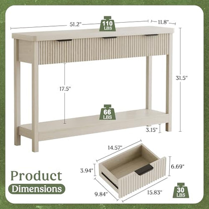 Fluted Console Table, 51 Inch Entryway Table with 3 Drawers | Scandi farmhouse look with quiet full-extension slides, open lower shelf, profile for hallway, entry, foyer or behind sofa. - color: Grey White