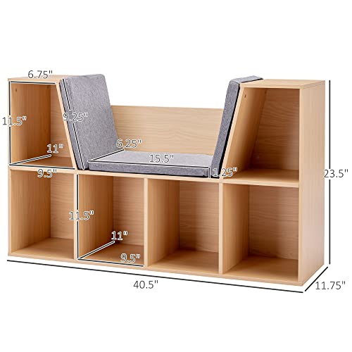 HOMCOM 6-Cubby Kids Bookcase with Reading Nook and Cushion, Multi-Purpose Storage Organizer for Bedroom, Living Room, Natural - color: Natural Wood