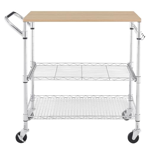 3 Tier Rolling Kitchen Cart with Wood Tabletop, Kitchen Island Carts with Wheels & Slider Shelf, Microwave Cart on Wheels, Coffee Cart with Hooks, 35.4" L*18.1" W*31.9" H，Wood+Chrome - size: 35.4"L*18.1"W*31.9"H with Slider Shelf