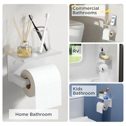 FORIOUS Toilet Paper Holder with Shelf, Adhesive or Screw Wall Mount Toilet Paper Roll Holder for Bathroom, Rustproof 304 Stainless Steel Toilet Roll Tissue Holder Dispenser with Shelf (1, White) - color: White