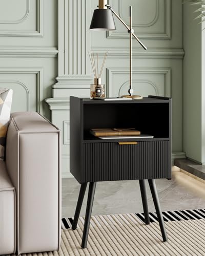 Veegle Nightstand,Modern Bedside Table with Storage Drawer and Open Wood Shelf, Accent Night Stand with Solid Wood Legs for Living Room, Bedroom and Small Spaces,Easy Assembly (Black) - color: Black