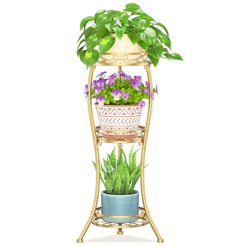 LASZOLA Gold 3 Tier Tall Plant Stand for Indoor Outdoor, Large Multiple Level Flower Planter Holder Organizer Rack for Patio Office Bathroom Corner Floor, Sturdy Heavy Duty Metal, Vertical Display - color: Classic Gold, size: 3 Tier
