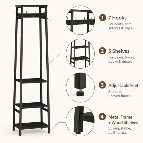 Coat Rack Freestanding, Coat Stand with 3 Shelves and 7 Hooks, Hall Tree Free Standing, Clothes Rack Stand Organizer for Bedroom, Hallway, Entryway, Living Room, Industrial Style, Black - color: Black, style: 3 Shelves