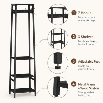 Coat Rack Freestanding, Coat Stand with 3 Shelves and 7 Hooks, Hall Tree Free Standing, Clothes Rack Stand Organizer for Bedroom, Hallway, Entryway, Living Room, Industrial Style, Black - color: Black, style: 3 Shelves