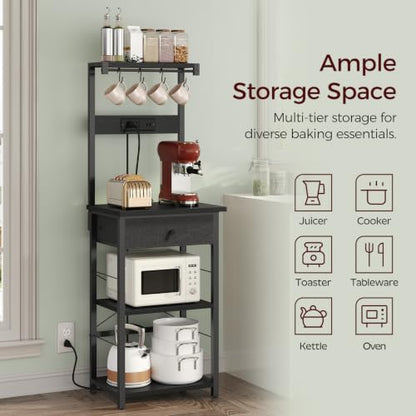 MAHANCRIS Bakers Rack with Drawer, Microwave Stand with Power Outlet, Coffee Bar Station with 4 Hooks, Kitchen Storage Shelf Rack 4 Tiers, for Kitchen, Dining Room, Black BRBK48E01 - color: Black