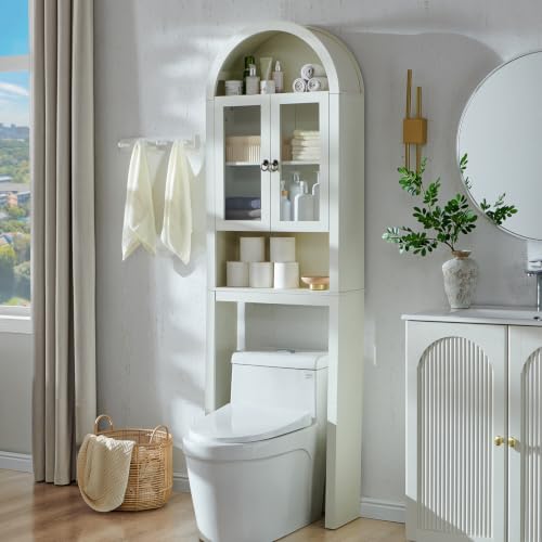 IFGET Arched Over The Toilet Storage Cabinet with Acrylic Doors, Modern Over Toilet Bathroom Organizer Shelf, Small Wooden Bathroom Storage Cabinet with Adjustable Shelf, Space Saver, Antique White - color: Antique White