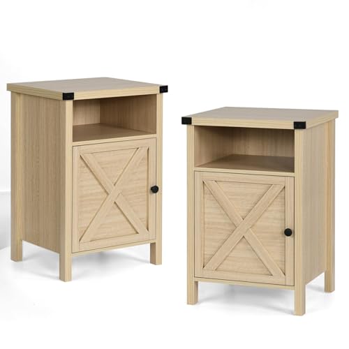 Farmhouse End Table, Nightstand with Barn Door and Shelf,Set of 2,Natural | End Tables,Wooden Sofa Side Table, Modern Bed Side Table Rustic Nightstands, Bedroom, Living Room - color: Natural