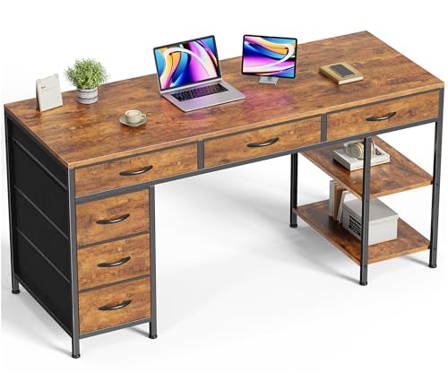 Huuger Computer Desk with 6 Drawers, Office Desk with Shelves, Reversible Gaming Desk, Corner Desk with Storage, Work for Home Office, Study, Living Room, 54inch, Rustic Brown - color: Rustic Brown, size: 54 inch