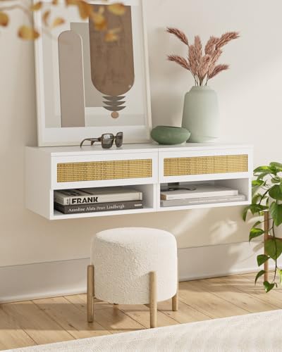 Small Modern Nightstand with Drawer, Floating Shelves for Bedroom, Bathroom (White Rattan) - color: White Rattan