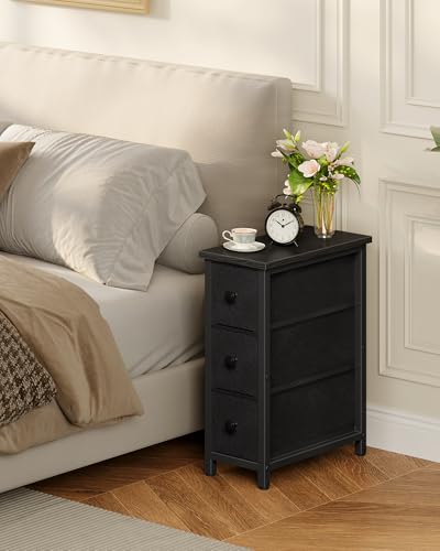 CHOEZON Narrow Side Table with 3 Fabric Drawers, Industrial Slim Bedside Table for Small Spaces, Bedroom, Living Room, Dormitory, Black TBZ09BB - color: Black