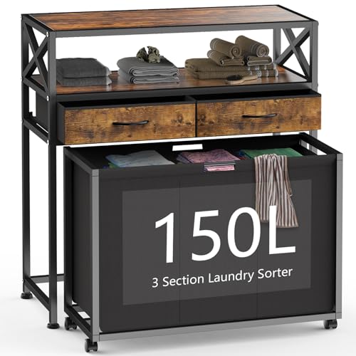 150L Laundry Sorter Hamper 3 Section with 2 Shelves & 2 Drawers | 3 Compartment Clothes Storage Organizer Cart, Pull-Out Removable Oxford Fabric Bags - color: Brown, size: 150L