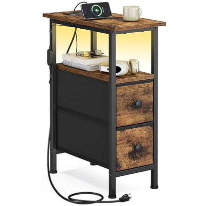 SONGMICS Side Table, Nightstand with Charging Station, End Table with LED Lighting, 2 Drawers, for Living Room, Bedroom, BELLAH Collection - color: Rustic Brown, size: 1 Pack (8.5"D x 18.1"W x 23.8"H)