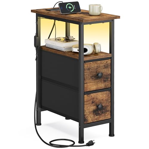SONGMICS Side Table, Nightstand with Charging Station, End Table with LED Lighting, 2 Drawers, for Living Room, Bedroom, BELLAH Collection - color: Rustic Brown, size: 1 Pack (8.5"D x 18.1"W x 23.8"H)