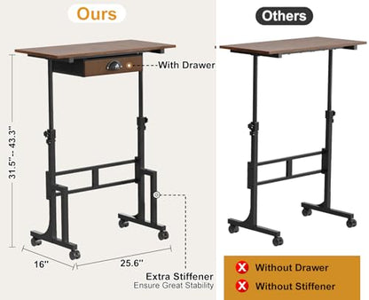 Adjustable Height Standing Desk With Drawer, Rolling Sit Stand Up Desk With Wheels, Small Sit To Stand Computer Desk, Adjustable Desktop Height, On Wheels, Brown, For Walking Pad Laptop Treadmill - color: Brown, size: With Drawer