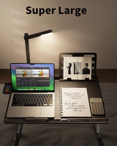 Laptop Bed Tray Desk with LED Desk Light, SAIJI Adjustable Laptop Stand for Bed, XX-Large PVC Leather Foldable Table with Book Stand,Wrist Rest, Extra Leg Room(Black) - color: Black