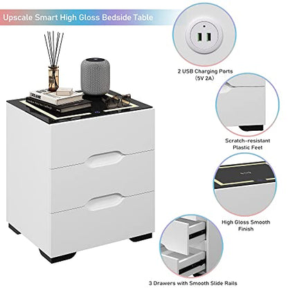 kepptory White Smart Nightstand with Wireless Charging Station & Adjustable LED Lights, High Gloss End Table with 3 Drawers & USB Charging, Bedside Table Organizer for Bedroom Use - color: White