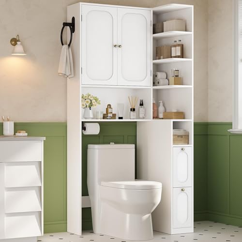 7-Tier L-Shaped Wooden Over the Toilet Storage Cabinet with Doors, Modern Over Toilet Bathroom Organizer Shelf with 2 Large Drawers, Bathroom Over Toilets Storage Cabinet, Space Saver, White - color: White, size: Type1-With Right Side Shelf
