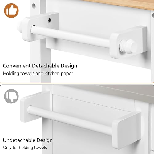 Yaheetech Kitchen Island Cart on Wheels with Bamboo Tabletop, 3-Tier Rolling Kitchen Island Microwave Cart with Drawer, Detachable Towel, 3 Hooks, 17" D x 37.5" W, White