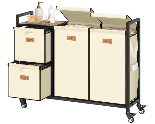 Hoctieon 4 Section Laundry Cart, 52.8 Gal. (200L) Laundry Hamper with Lid, Laundry Basket with Wheels, Rolling Laundry Sorter Organizer with Shelf, Clothes Separator with Removable Bags, Beige - color: Beige
