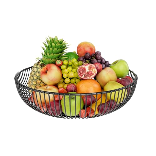 Simple Trending Round Metal Fruit Basket Bowl for Kitchen Counter - Rust-Proof, Non-Slip & Breathable Wire Organizer for Fruits, Veggies, Snacks, Black (11“ Diameter x 3.2” H) - style: Fruit Bowl Black
