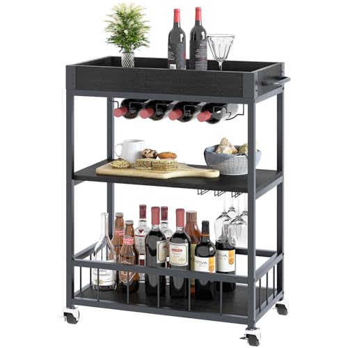 Bar Cart Serving Wine 3 Tier Home Rolling Rack with Wheels Mobile Kitchen Industrial Vintage Style Wood Metal Serving Trolley Serving Cart, Drink Cart for Living Room Kitchen - size: Black, style: Standard