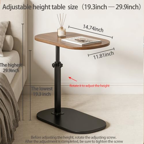 Pedestal Adjustable c Table for Small Spaces，C Shaped End Table Desktop can Turn 360° and the Height of the Sofa Small TV Tray Table Can be Adjusted for Couch - color: Walnut-height-adjustable Table-1pcs