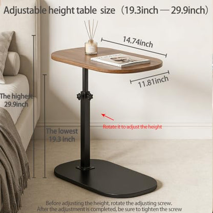Pedestal Adjustable c Table for Small Spaces，C Shaped End Table Desktop can Turn 360° and the Height of the Sofa Small TV Tray Table Can be Adjusted for Couch - color: Walnut-height-adjustable Table-1pcs