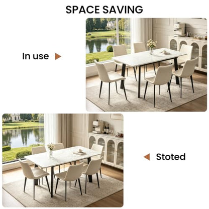 47.2"-63" Extendable Dining Room Table Set for 4-8 People, White | Removable Extension Leaf, Durable MDF Rectangle Tabletop, 6 Beige Sleek Faux Leather Chairs, Heavy Duty Modern Kitchen Table - color: 47.2'' - 63'' White Table+6 Beige Chairs