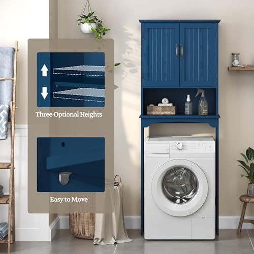 Yaheetech Over The Toilet Storage with 2 Doors & Adjustable Shelf, Free Standing Toilet Rack Wooden Space-Saving Collect Cabinet, Bathroom Furniture, L24.5xW9xH66 in, Navy Blue - color: Navy Blue