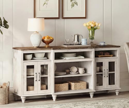 WAMAPT Buffet Cabinet with 4 Glass Doors, Large Coffee Bar Tables Wood Kitchen Storage Cabinets with 9 Storages, Modern Farmhouse Sideboard Credenza, Rustic White, 70 inch - color: Rustic White