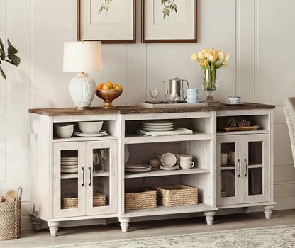 WAMAPT Buffet Cabinet with 4 Glass Doors, Large Coffee Bar Tables Wood Kitchen Storage Cabinets with 9 Storages, Modern Farmhouse Sideboard Credenza, Rustic White, 70 inch - color: Rustic White