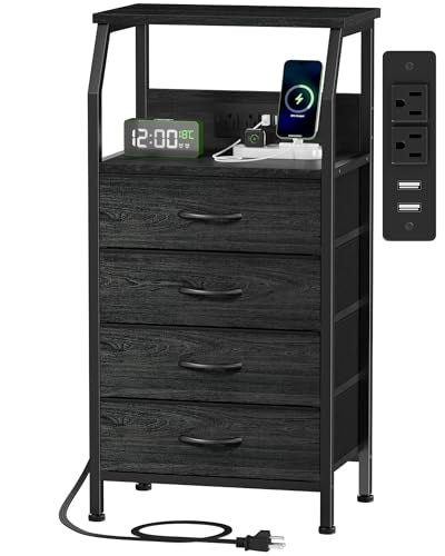 Furnulem Night Stand with Charging Station, 4 Drawer Dresser with Storage Shelf, 33.3 Inch Tall Side Table, Fabric End Table for Closet, Entryway, Bedside Furniture, 3 Ways to Use, Black Oak - color: Black Oak, size: 4 Drawer