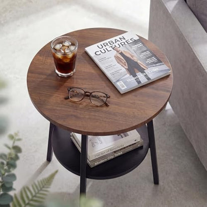 Small Round Side Table, End Tables Living Room, Walnut | 2-Tier Side Table with Storage Shelf for Small Spaces, Bedside Accent Table for Living Room, Bedroom, Metal Frame & Wood Top - color: Walnut