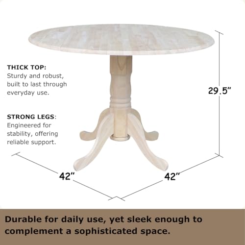 IC International Concepts, Round Dual Drop Leaf Pedestal Dining Table, Solid Real Wood, Sturdy Parawood, Dimensions 42"D x 42"W x 29.5"H, 40lbs Capacity, Paint/Stain Ready, Unfinished - color: Unfinished