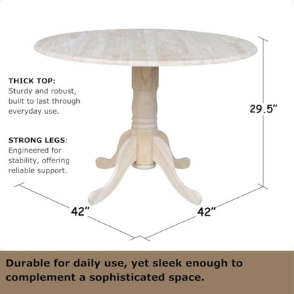 IC International Concepts, Round Dual Drop Leaf Pedestal Dining Table, Solid Real Wood, Sturdy Parawood, Dimensions 42"D x 42"W x 29.5"H, 40lbs Capacity, Paint/Stain Ready, Unfinished - color: Unfinished