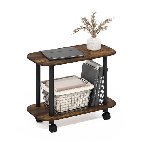 Furinno Turn-N-Tube Book Cart, 2-Tier Oval Sofa Side Table with Wheels, Round Corner Night Stand, End Table with Open Shelf, Toolless Assembly, for Living Room, Bedroom, Amber Pine - color: Amber Pine/Black, size: Oval 2-Tier