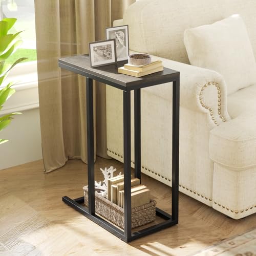 Giantex C Shaped End Table Set of 2, Small Side Tables for Sofa, Couch Tables that Slide Under with Metal Frame, Industrial TV Tray Table for Small Spaces, C Table for Living Room Bedroom, Greige - color: Greige