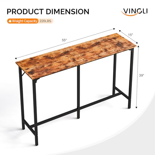 VINGLI 55 Inch Bar Table, Rectangular Counter Height Home Pub Table, Brown | High Top, Multi-Scene Use for Kitchen Dining Living Room Sofa Entryway, Wooden Tabletop & Metal Base, Easy to Install - color: Brown, size: 55"L