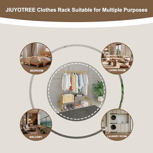 Metal Clothing Rack with Wheels 43.3 Inches Rolling Clothes Garment Coat Rack with Bottom Shelf Clothing Rack for Hanging Clothes Coats Skirts Shirts Sweaters Gold - color: Gold, size: 43.3"W x 15.75"D x 61"H with wheels