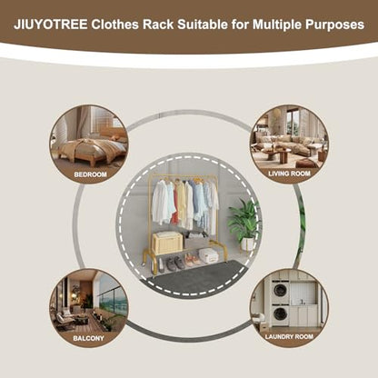 Metal Clothing Rack with Wheels 43.3 Inches Rolling Clothes Garment Coat Rack with Bottom Shelf Clothing Rack for Hanging Clothes Coats Skirts Shirts Sweaters Gold - color: Gold, size: 43.3"W x 15.75"D x 61"H with wheels